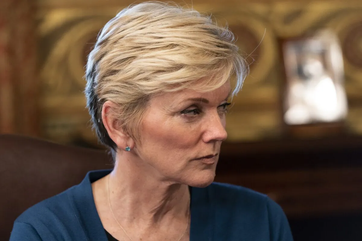 Energy Secretary Jennifer Granholm attends the inaugural meeting of the Task Force on Worker Organizing and Empowerment, in Vice President Kamala Harris' ceremonial office, in Washington on May 13, 2021. (Jacquelyn Martin/AP Photo)