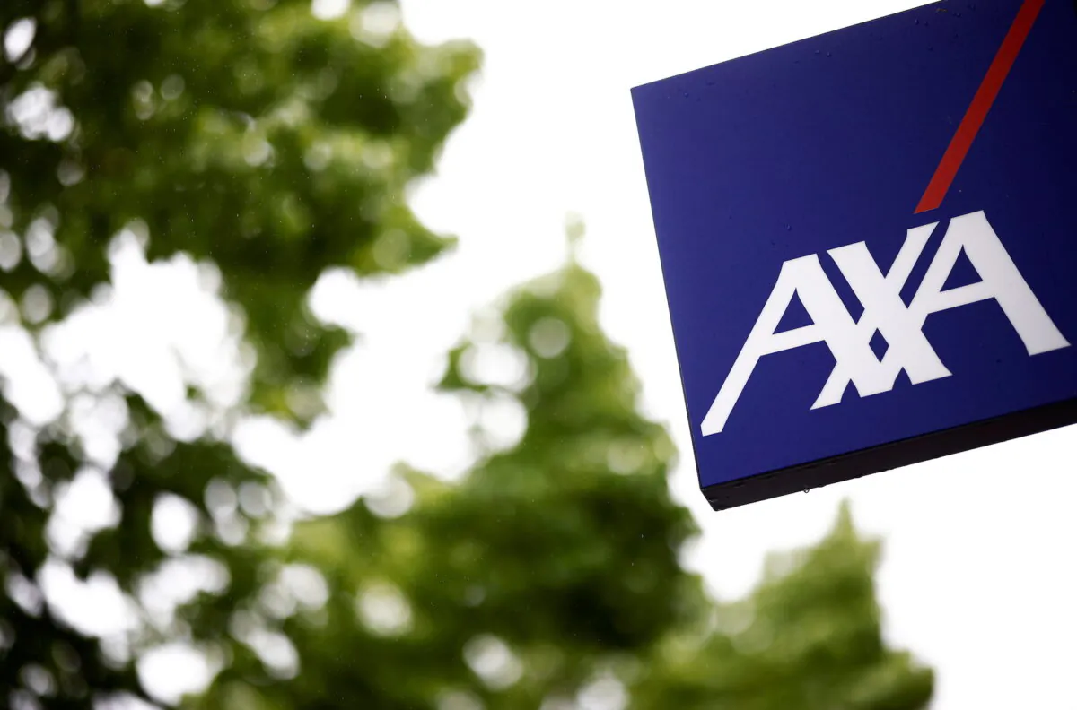 The logo of French Insurer Axa is seen outside a building in Les Sorinieres near Nantes, France on May 4, 2021. (Stephane Mahe/Reuters)
