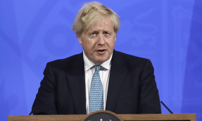 Prime Minister Boris Johnson during a media briefing in Downing Street, London on May 14, 2021. (Matt Dunham/PA)