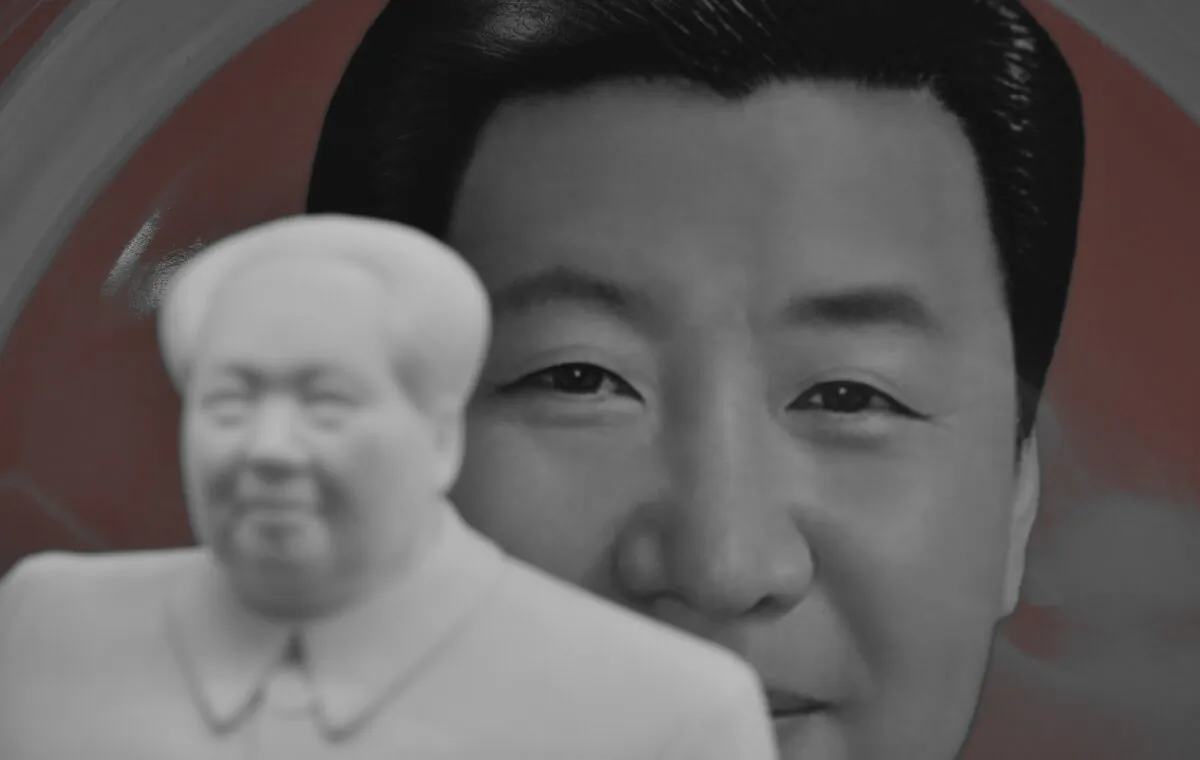 A decorative plate featuring an image of Chinese leader Xi Jinping is seen behind a statue of late communist leader Mao Zedong at a souvenir store next to Tiananmen Square in Beijing, China on Feb. 27, 2018. (GREG BAKER/AFP via Getty Images)