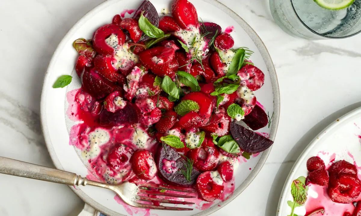 Bright with strawberries, beets, and a lemon poppy seed dressing, this salad is as pleasing to look at as it is to eat. (Jason Rampe/TNS)