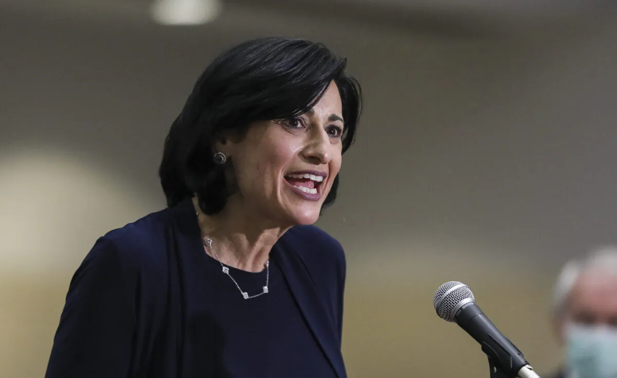 CDC Director Dr. Rochelle Walensky speaks to the press after visiting the Hynes Convention Center FEMA Mass Vaccination Site in Boston on March 30, 2021. (Erin Clark/Pool/Getty Images)