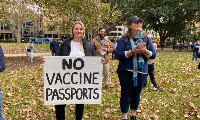 Rallygoer protesting against COVID-19 vaccine passports at the Worldwide Rally for Freedom, Peace, and Human Rights in Sydney, Australia on May 15, 2021. (The Epoch Times)