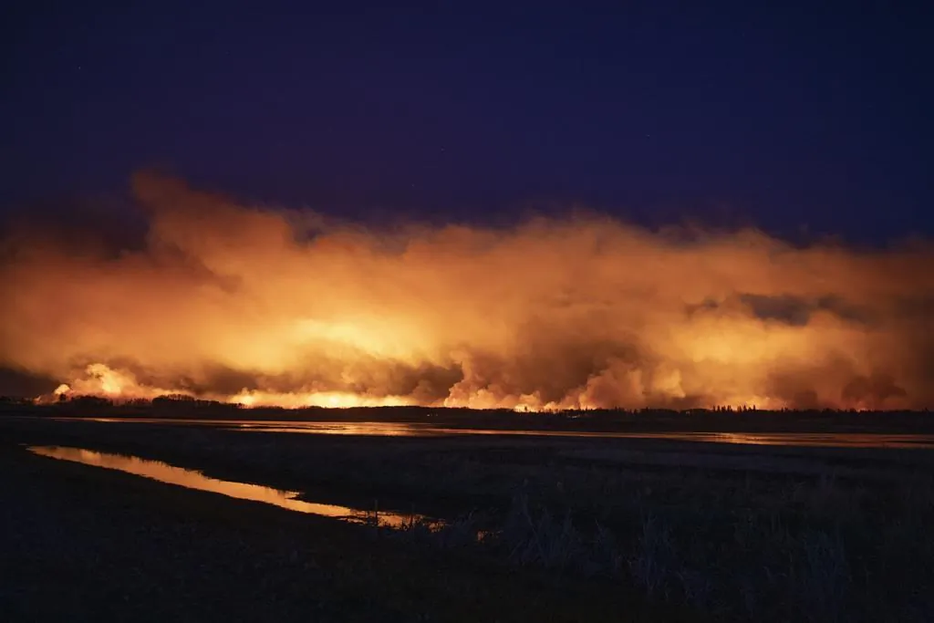 A forest fire burns late into the evening northeast of Prince Albert, Sask., on May 17, 2021. ( Kayle Neis / The Canadian Press) 