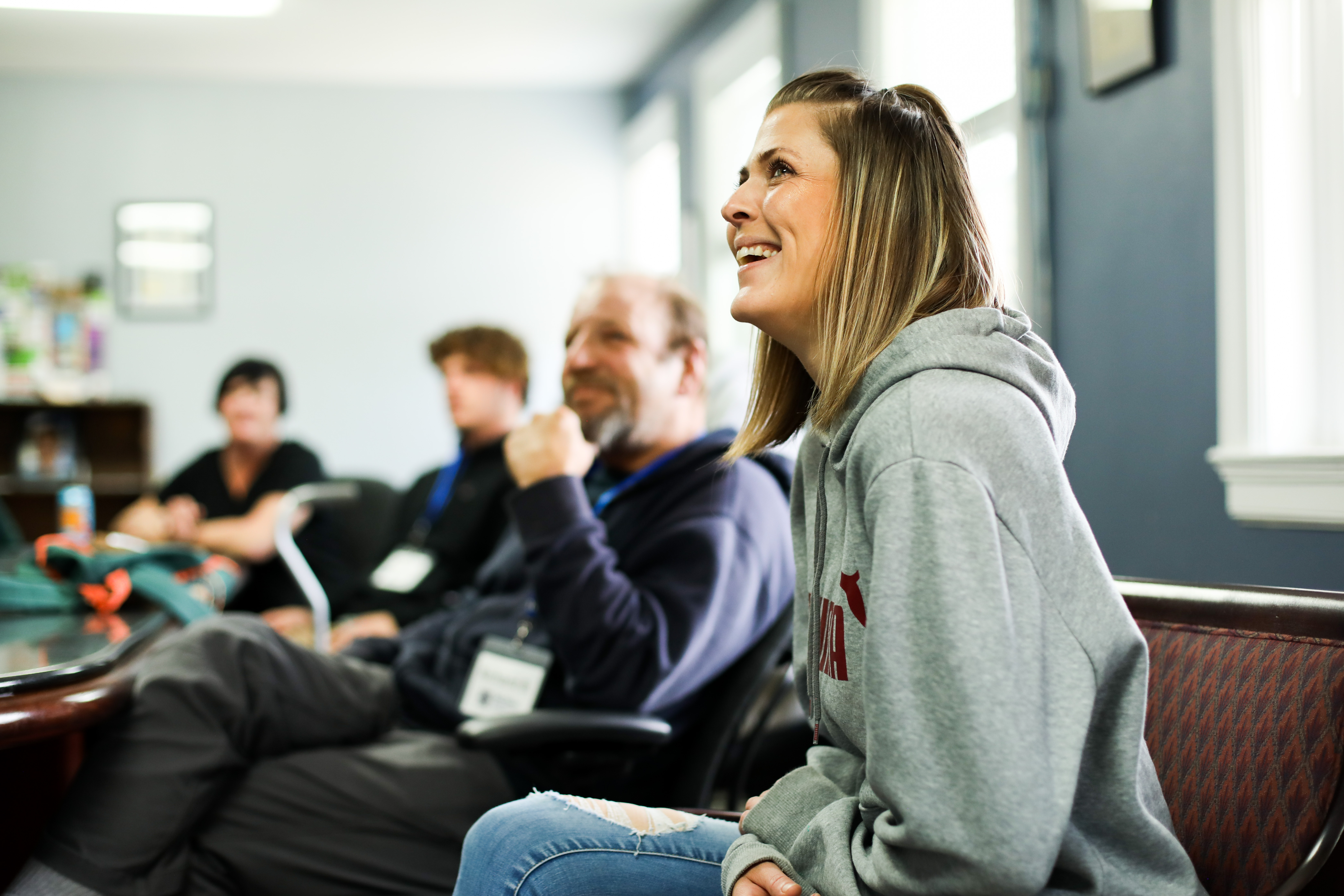 People during a meeting with John Shinholser, president and co-founder of The McShin Foundation, a nonprofit recovery community organization, in Richmond, Va., on May 12, 2021. (Samira Bouaou/The Epoch Times)