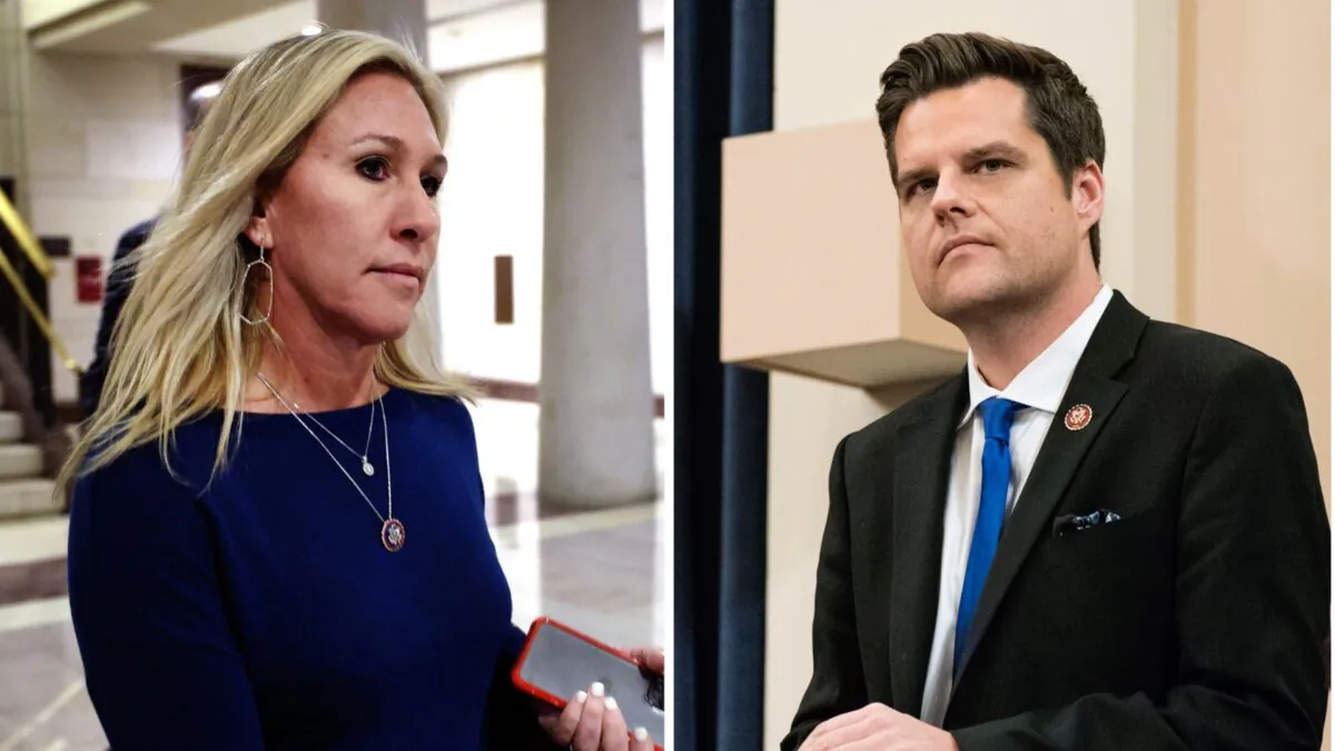 (left-right) U.S. Rep. Marjorie Taylor Greene (R-Ga.) arrives at the Capitol on May 13, 2021 in Washington (Kevin Dietsch/Getty Images); House member Rep. Matt Gaetz (R-Fla.) in the Longworth House Office Building on Capitol Hill in Washington on Dec. 12, 2019. (Sarah Silbiger/Getty Images)