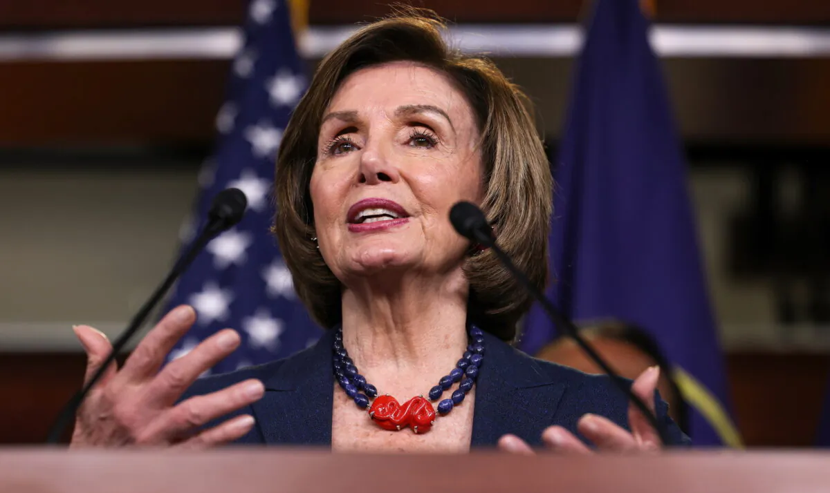 Speaker of the House Nancy Pelosi (D-Calif.) speaks at a news conference in the U.S. Capitol about the COVID-19 Hate Crimes Act, in Washington, on May 18, 2021. (Evelyn Hockstein/Reuters)
