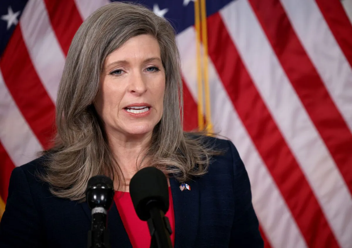 Sen. Joni Ernst (R-Iowa) speaks following the weekly Republican policy luncheon in Washington, on May 11, 2021. (Win McNamee/Getty Images)