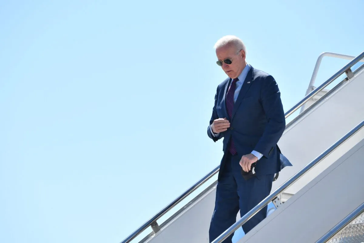 President Joe Biden arrives at Detroit Metropolitan Wayne County Airport in Detroit, Mich., on May 18, 2021. (Nicholas Kamm/AFP via Getty Images)