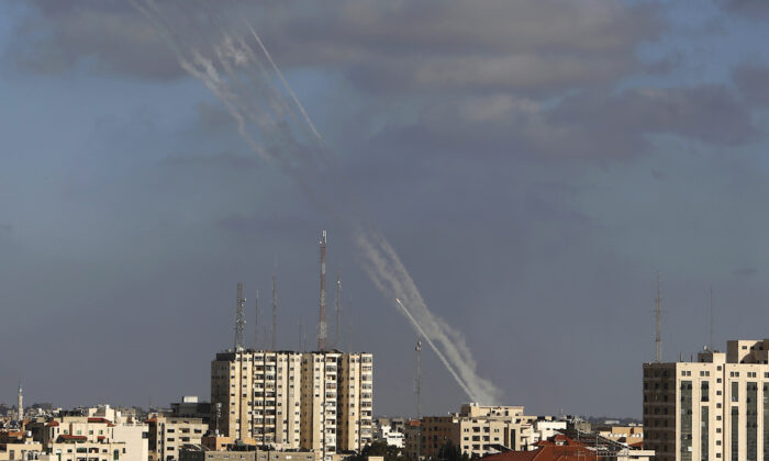 Rockets are launched from the Gaza Strip to Israel, connected  May 17, 2021. (Hatem Moussa/AP Photo)