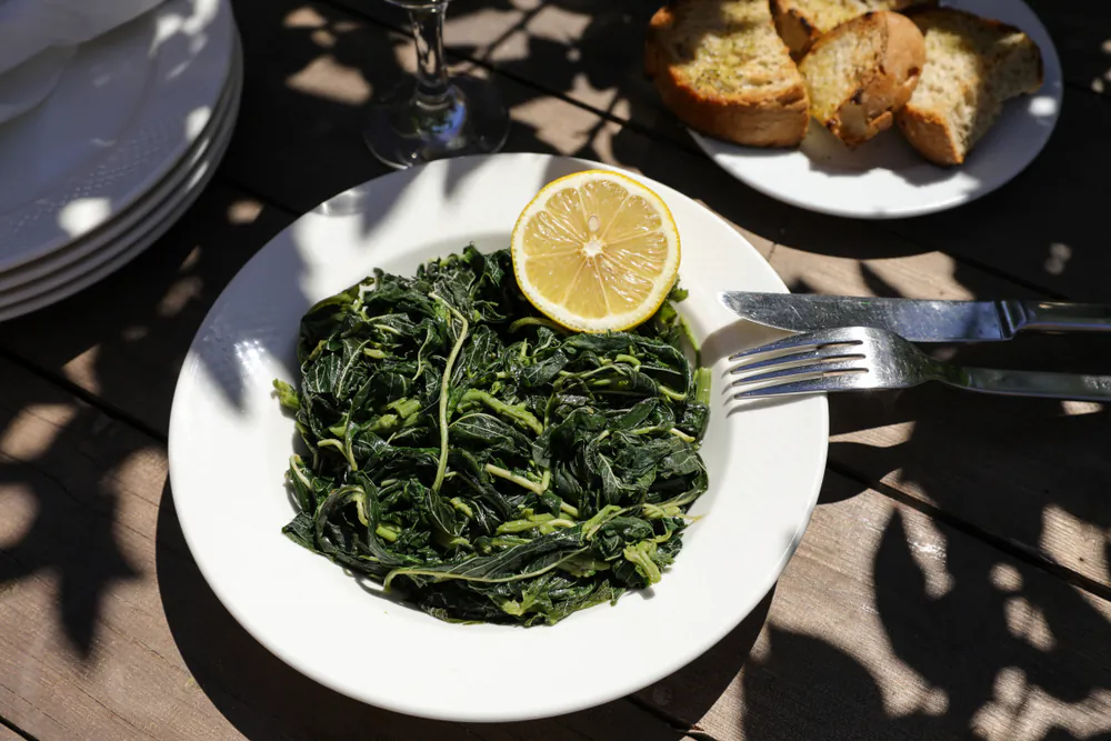 The most typical preparation of horta is also the simplest: boiled until tender, seasoned with salt, and served with generous drizzles of olive oil and lemon juice. (Victoria Kurylo/Shutterstock)