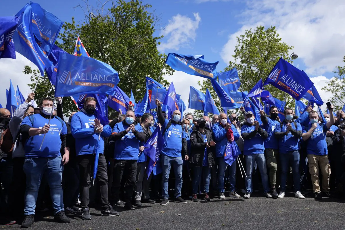 French police officers demonstrate in Paris, on May 19, 2021. (Michel Euler/AP Photo)