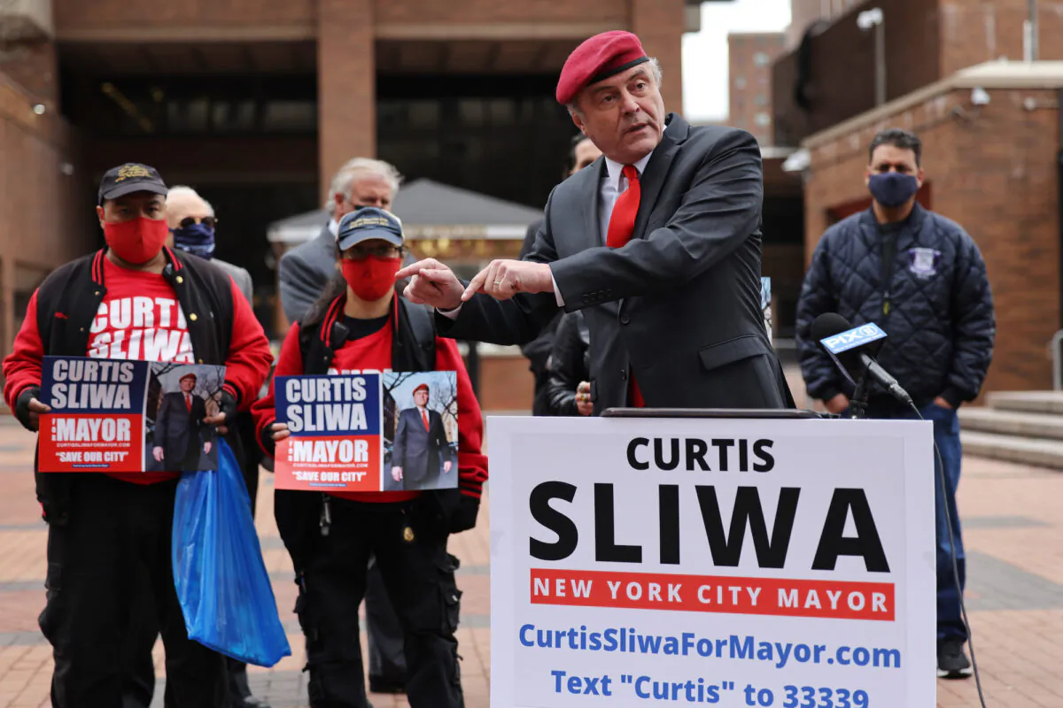 Curtis Sliwa, New York City mayoral candidate, speaks during a press conference in New York City, on April 13, 2021. (Michael M. Santiago/Getty Images)