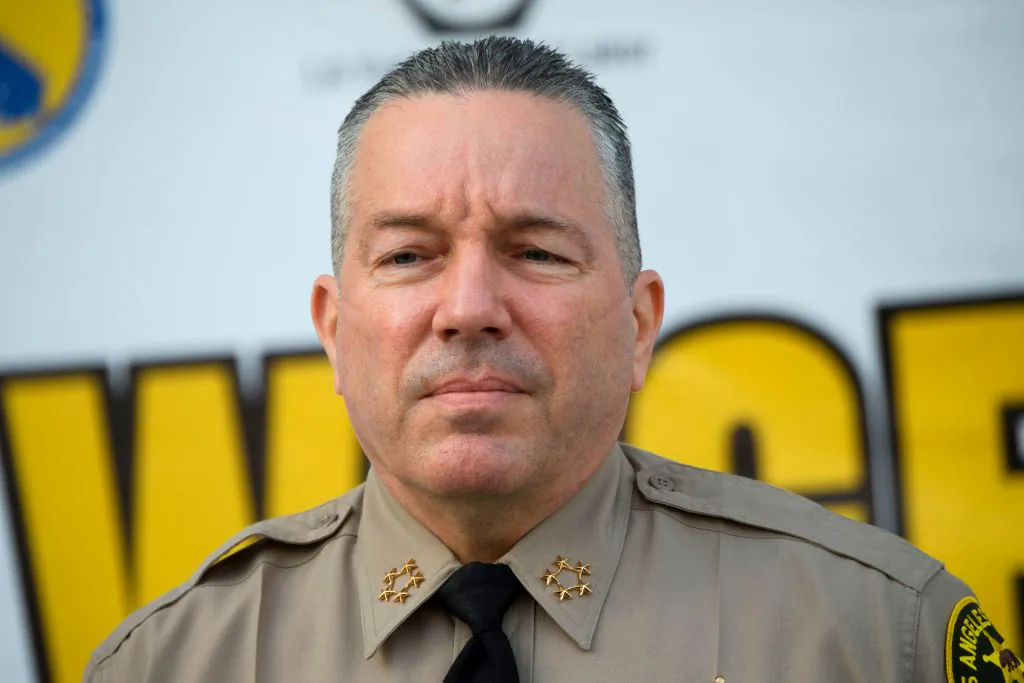 Sheriff Alex Villanueva of the Los Angeles Sheriff's Department speaks outside the Hall of Justice in Los Angeles, Calif., on Feb. 9, 2021. (Patrick T. Fallon/AFP via Getty Images)