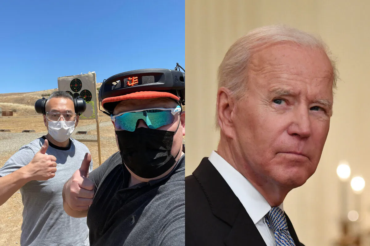 (L) Scott Kane (R) and a member of AAPI GO pose during an unofficial meet up at a gun range, Calif., on May 16, 2021.   (R) President Joe Biden at the White House in Washington, on May 17, 2021. (Courtesy of Scott Kane; Getty Images)