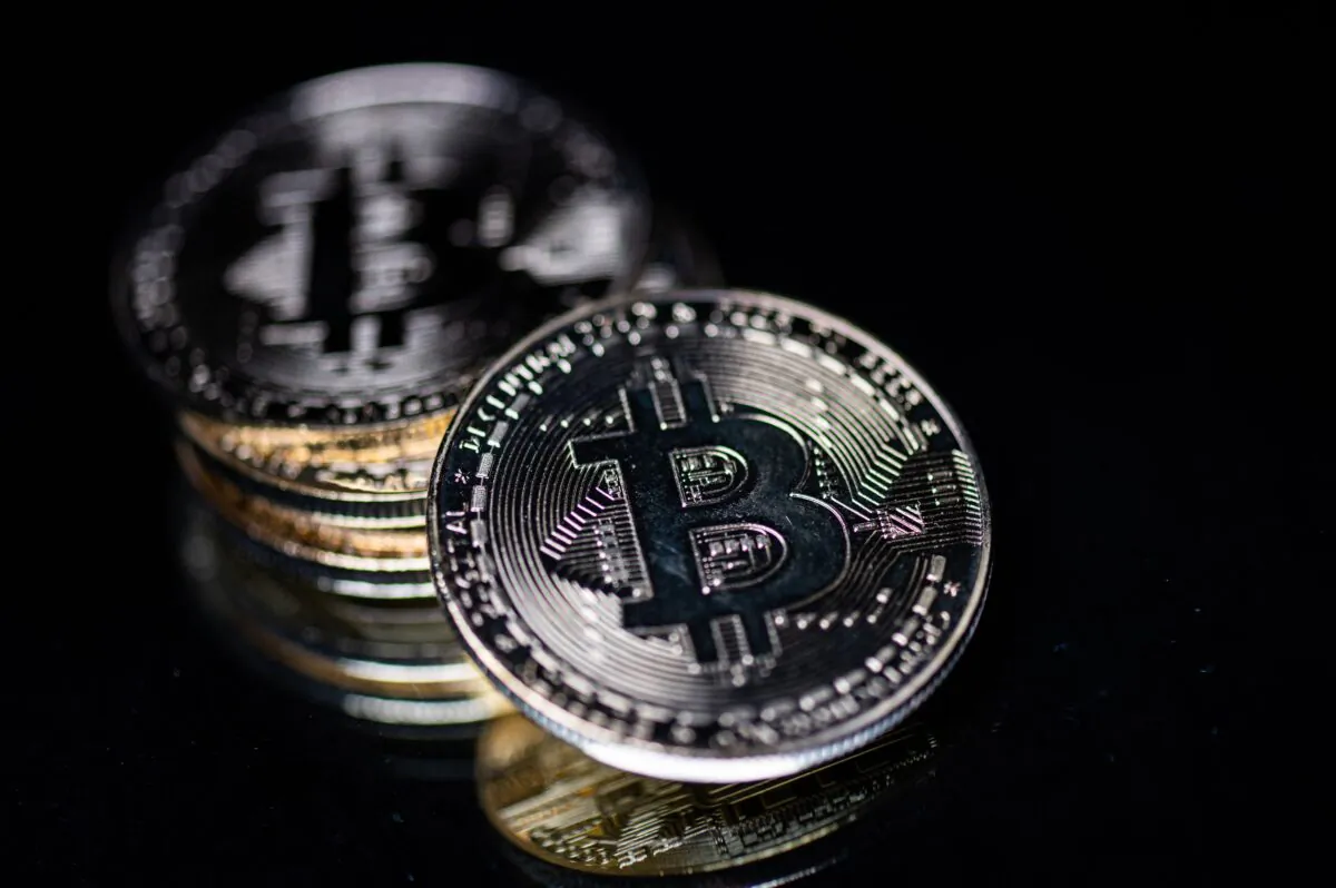 A physical imitation of the Bitcoin crypto currency is seen in Paris,  France, on April 26, 2021. (Martin Bureau/AFP via Getty Images)