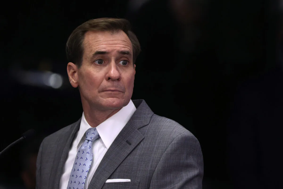 Pentagon press secretary John Kirby is seen during a briefing in Arlington, Va., on May 6, 2021. (Alex Wong/Getty Images)