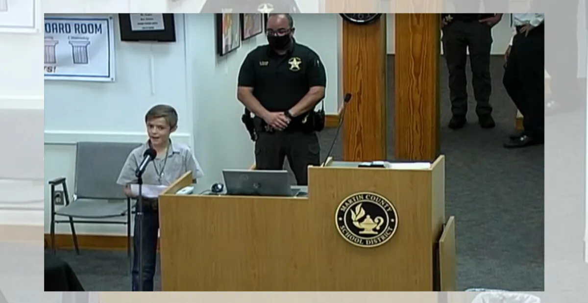 A screenshot from YouTube shows an emergency school board meeting in Martin County, Fla., on May 12, 2021. (Martin County School District/Screenshot via The Epoch Times)