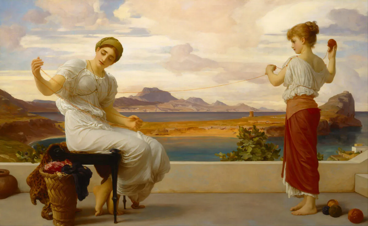 “Winding the Skein,” circa 1878, by Frederic Leighton. Oil on Canvas, 39.4 inches by 63.5 inches. Art Gallery of New South Wales, Sydney, Australia. (Public Domain)