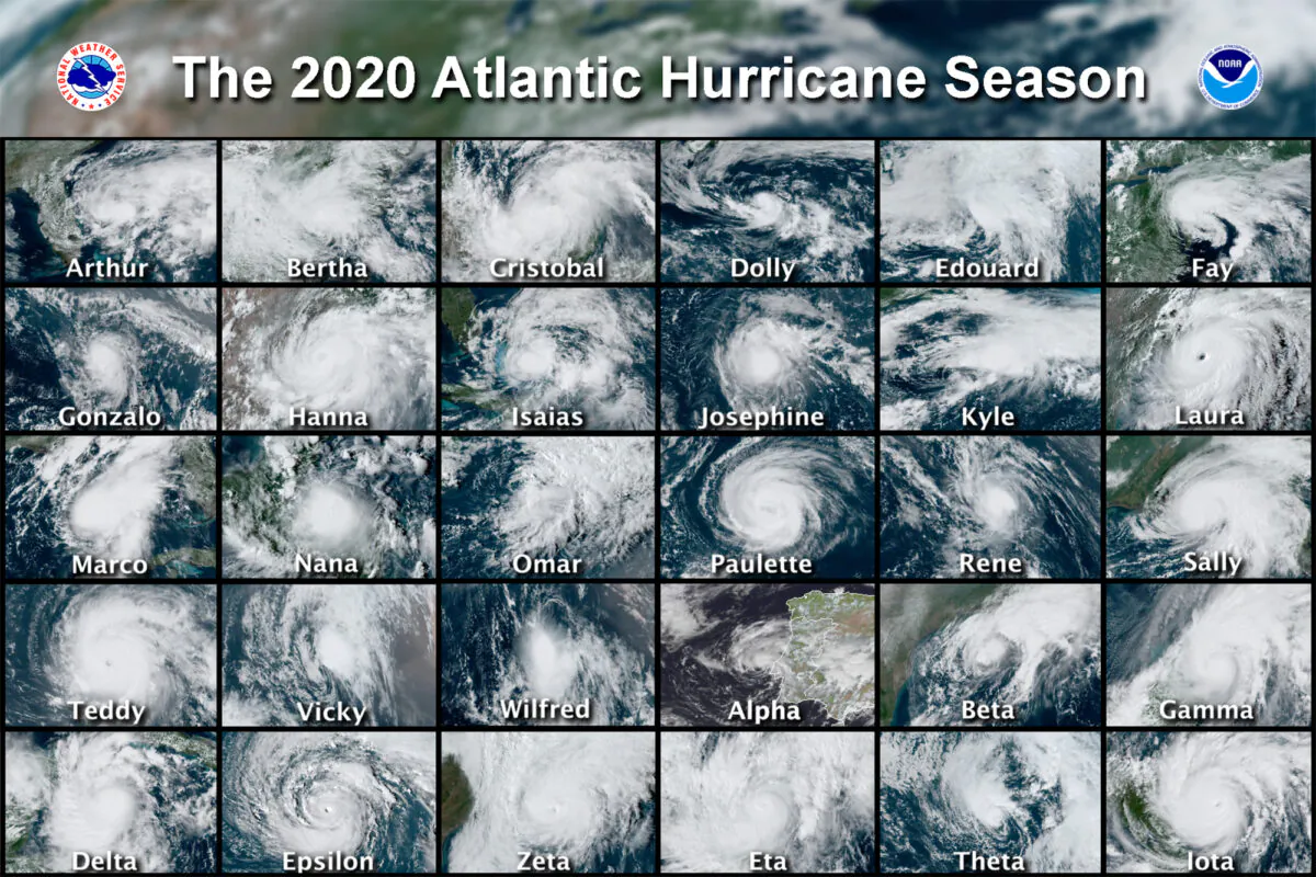 This combination of satellite images shows 30 hurricanes which occurred during the 2020 Atlantic hurricane season. (National Hurricane Center via AP)