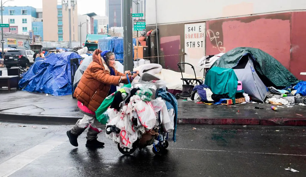 A homeless woman pushes her belongings past a row of tents on the streets of Los Angeles, Calif. on Feb. 1, 2021. (Frederic J. Brown/AFP via Getty Images)