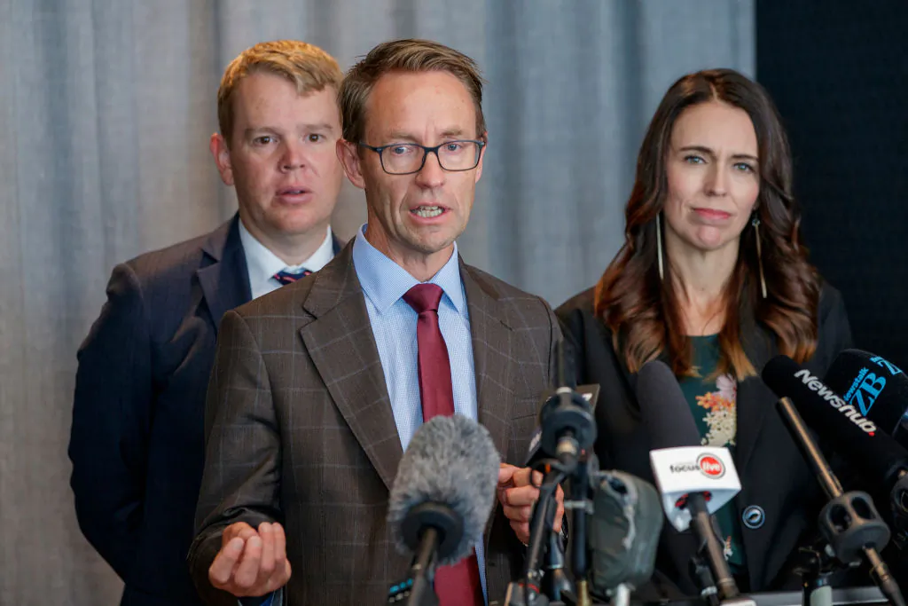 (L to R) Minister for COVID-19 Response Chris Hipkins, Director-General of Health Ashley Bloomfield, and New Zealand Prime Minister Jacinda Ardern at a press conference announcing the arrival of the Pfizer/BioNTech vaccine in Auckland, New Zealand on Feb. 12, 2021. (Dave Rowland/Getty Images)