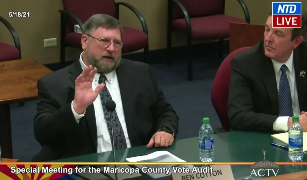 Ben Cotton, founder of CyFIR, one of four firms working on the 2020 election audit in Maricopa County, Ariz., testifies to state senators in Phoenix on May 18, 2021. (Arizona Capitol Television via NTD/Screenshot via The Epoch Times)