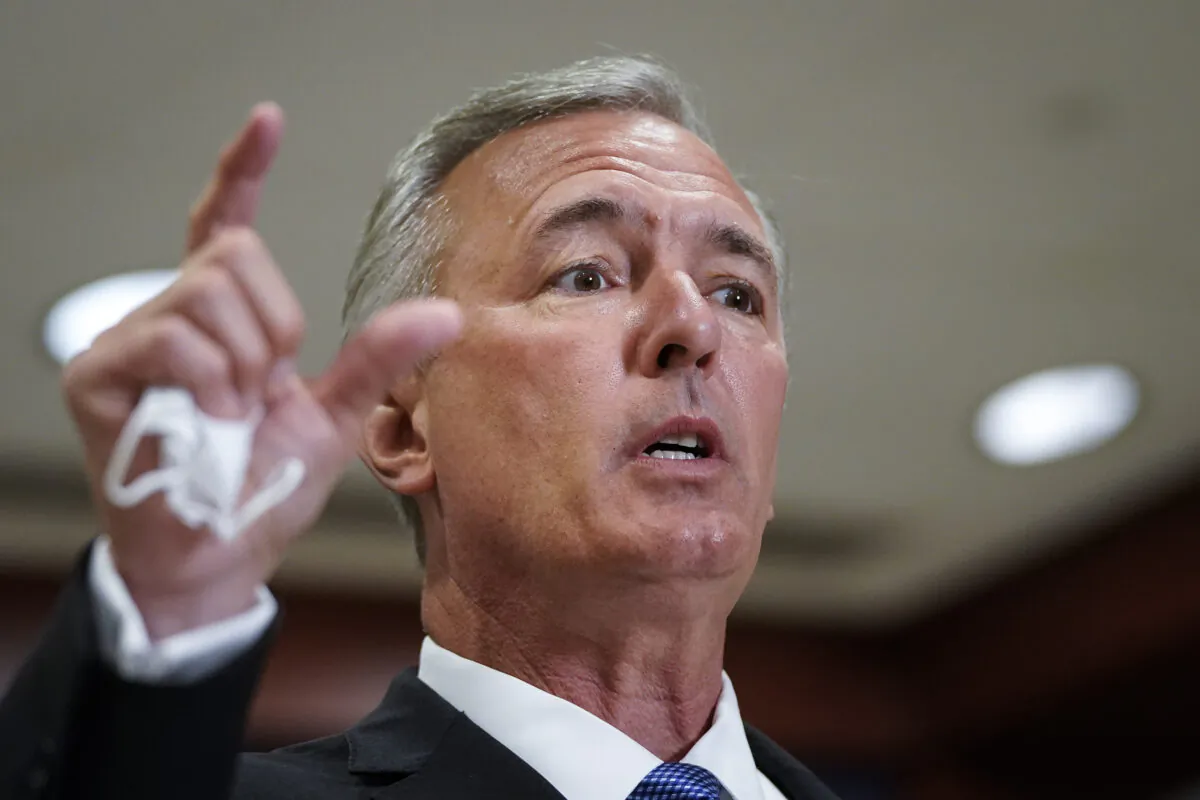 Rep. John Katko (R-N.Y.) speaks to reporters in Washington on April 14, 2021. (Drew Angerer/Getty Images)