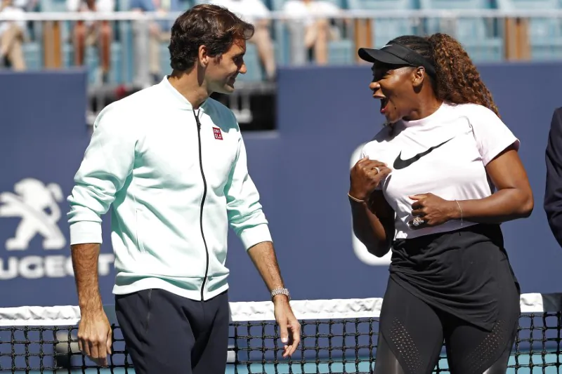 Serena Williams of the United States (R) speaks with Roger Federer of Switzerland (L) during a ribbon cutting ceremony on new stadium court at Hard Rock Stadium prior to play in the first round of the Miami Open at Miami Open Tennis Complex, in Miami Gardens, Fla., on March 20, 2019.  (Geoff Burke/File/USA TODAY Sports)