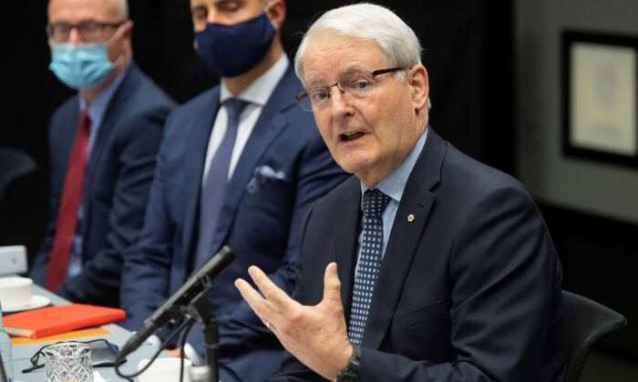 Canadian Foreign Minister Marc Garneau, speaks during a meeting with US Secretary of State Antony Blinken, at the Harpa Concert Hall in Reykjavik, Iceland, on May 19, 2021, on the sidelines of the Arctic Council Ministerial summit. (The Candian Press/  POOL PHOTO via AP / AP-SAUL LOEB