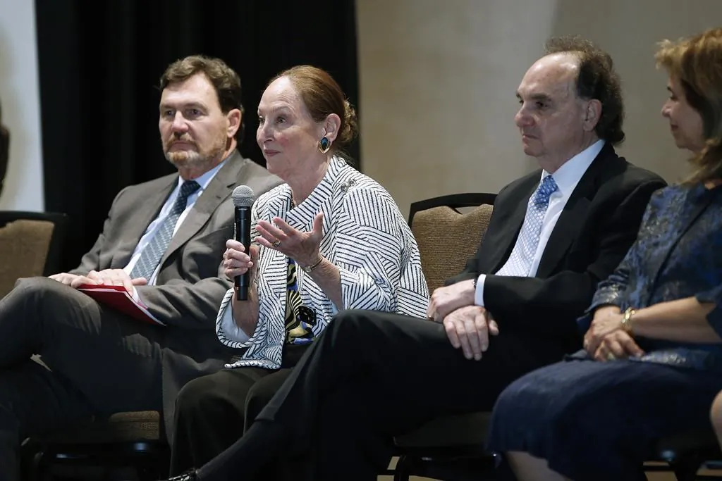 Supreme Court of Canada Chief Justice Richard Wagner, left, and fellow judges Michael Moldaver, second from right, and Andromache Karakatsanis, right, listen in as judge Rosalie Abella responds to a question during a question-and-answer session at Canadian Museum of Human Rights, in Winnipeg, on Sept. 25, 2019. Abella heard her last Supreme Court case Friday. (John Woods/The Canadian Press)