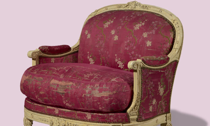 Detail of an Armchair (Bergère), 1770–72 or early 1780s, by Georges Jacob. Walnut, painted and varnished, and beech; silk, linen, hemp, and horsehair upholstery with swan- and goose-down feather stuffing; silk trim; iron tacks and gilt-brass nails. The J. Paul Getty Museum. (The J. Paul Getty Museum)