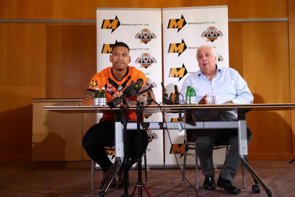 Israel Folau and Clive Palmer speak to the media during a press conference at the Hilton Hotel on May 21, 2021 in Brisbane, Australia. (Chris Hyde/Getty Images)