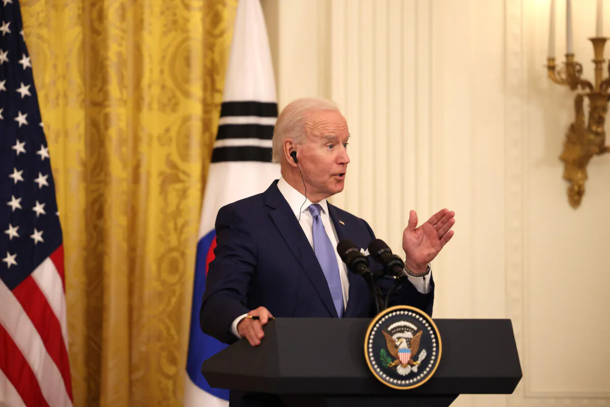 U.S. President Joe Biden speaks during a joint press conference with South Korean President Moon Jae-in in the East Room of the White House in Washington, DC on May 21, 2021. (Anna Moneymaker/Getty Images)
