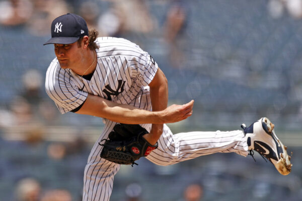 Yankees pitcher Gerrit Cole throws