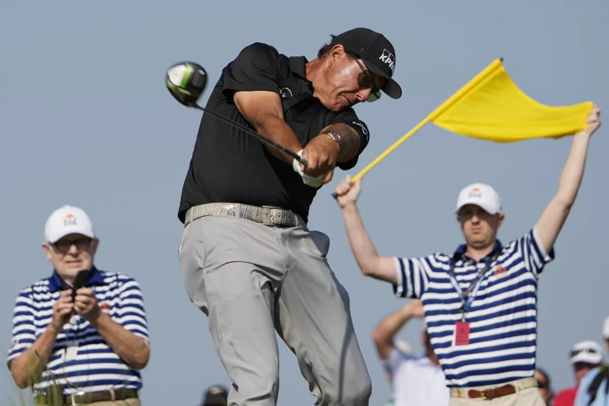 Phil Mickelson hits his tee shot on the 15th hole during the second round of the PGA Championship golf tournament on the Ocean Course in Kiawah Island, S.C., on May 21, 2021. (David J. Phillip/AP Photo)