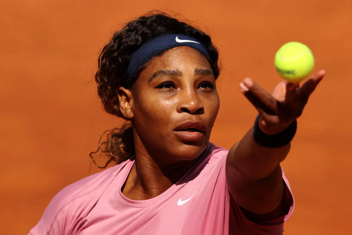 Serena Williams of USA serves on day 5 of the Internazionali BNL d’Italia match between Serena Williams of USA and Nadia Podoroska of Argentina at Foro Italico in Rome, Italy, on May 12, 2021. (Clive Brunskill/Getty Images)