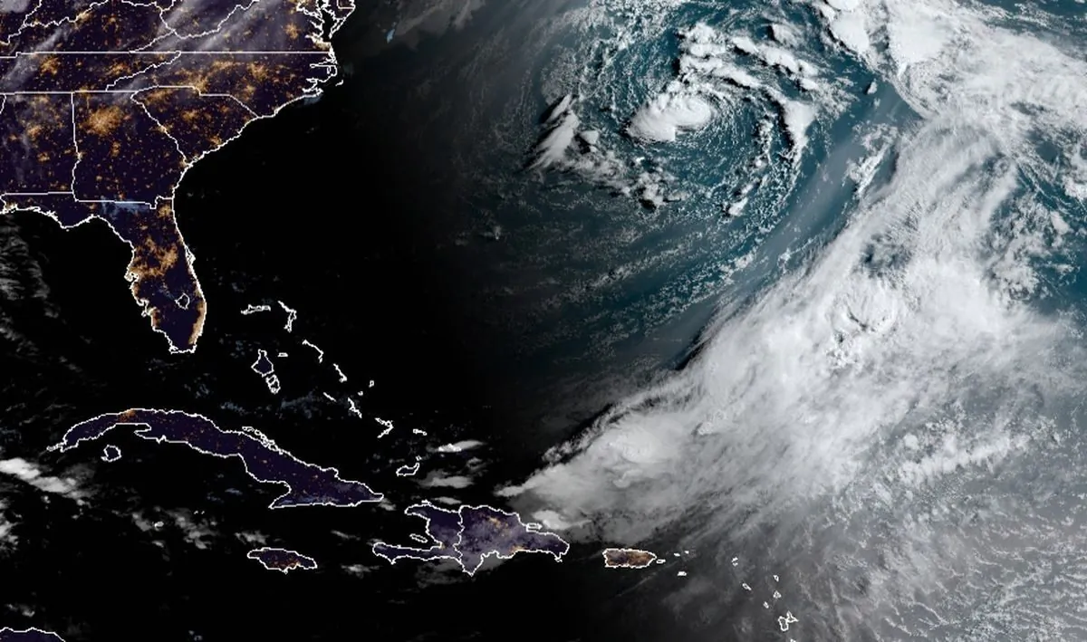 Subtropical Storm Ana seen in this enhanced image from the GOES-E satellite on May 22, 2021. (NOAA)