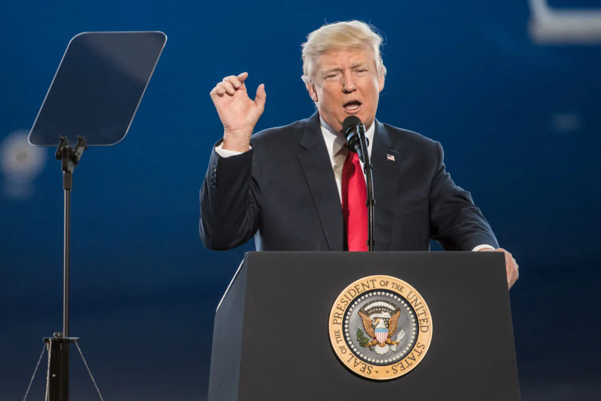President Donald Trump addresses a crowd at Boeing's South Carolina facilities in North Charleston, S.C., on Feb. 17, 2017. (Sean Rayford/Getty Images)