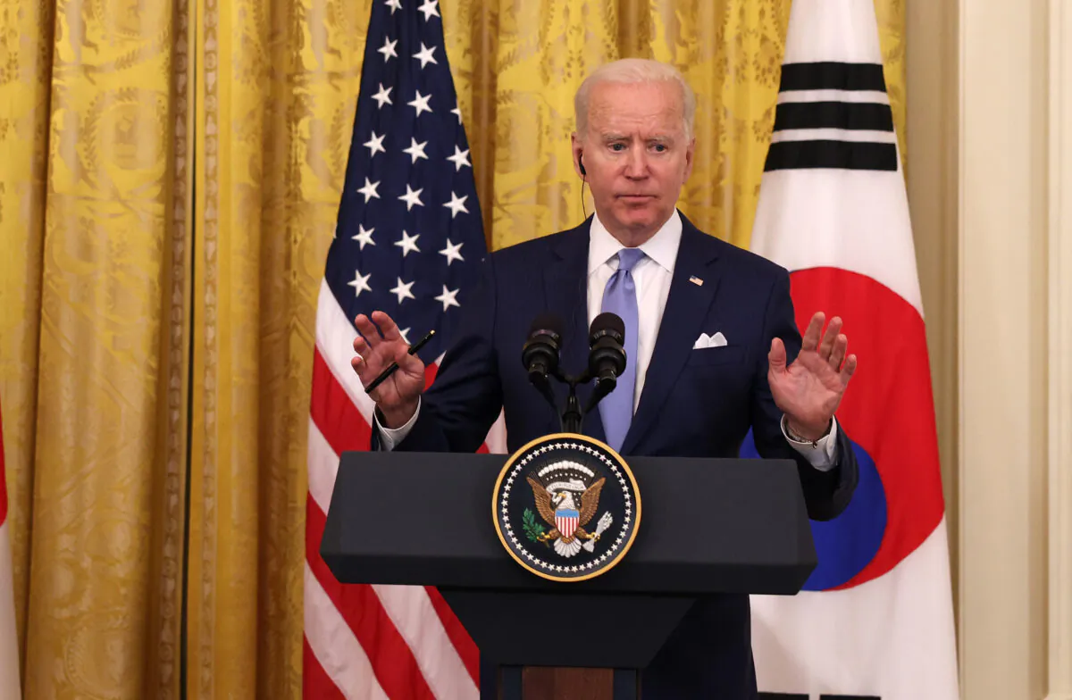 President Joe Biden and South Korean President Moon Jae-in (not shown) participate in a joint press conference in the East Room of the White House, in Washington, on May 21, 2021. (Anna Moneymaker/Getty Images)