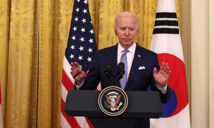 President Joe Biden and South Korean President Moon Jae-in (not shown) participate in a joint press conference in the East Room of the White House, in Washington, on May 21, 2021. (Anna Moneymaker/Getty Images)