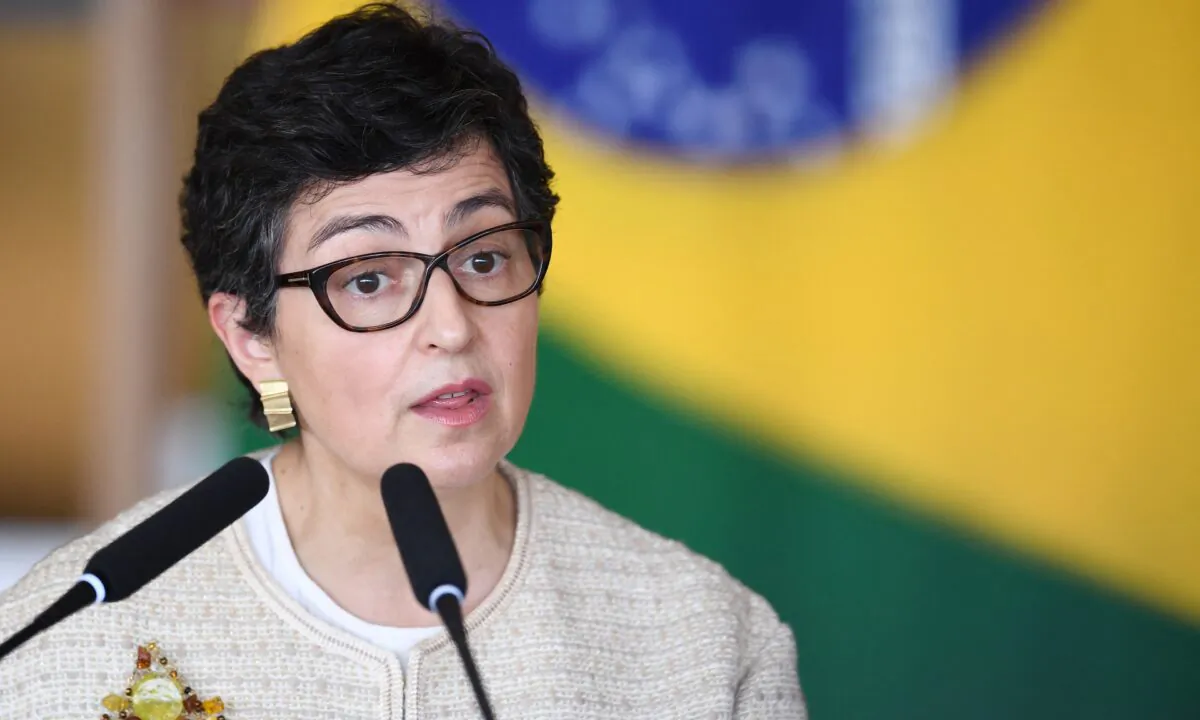 Spanish Minister of Foreign Affairs Arancha Gonzalez Laya delivers a statement to the press with her Brazilian counterpart Carlos Franca (out of frame) at the Palacio Itamaraty in Brasilia, on May 7, 2021. ( Evaristo Sa/AFP via Getty Images)