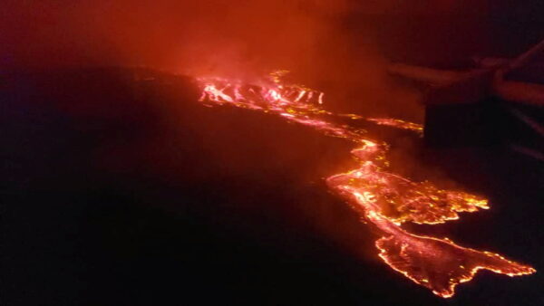 Lava flowing from a volcanic eruption