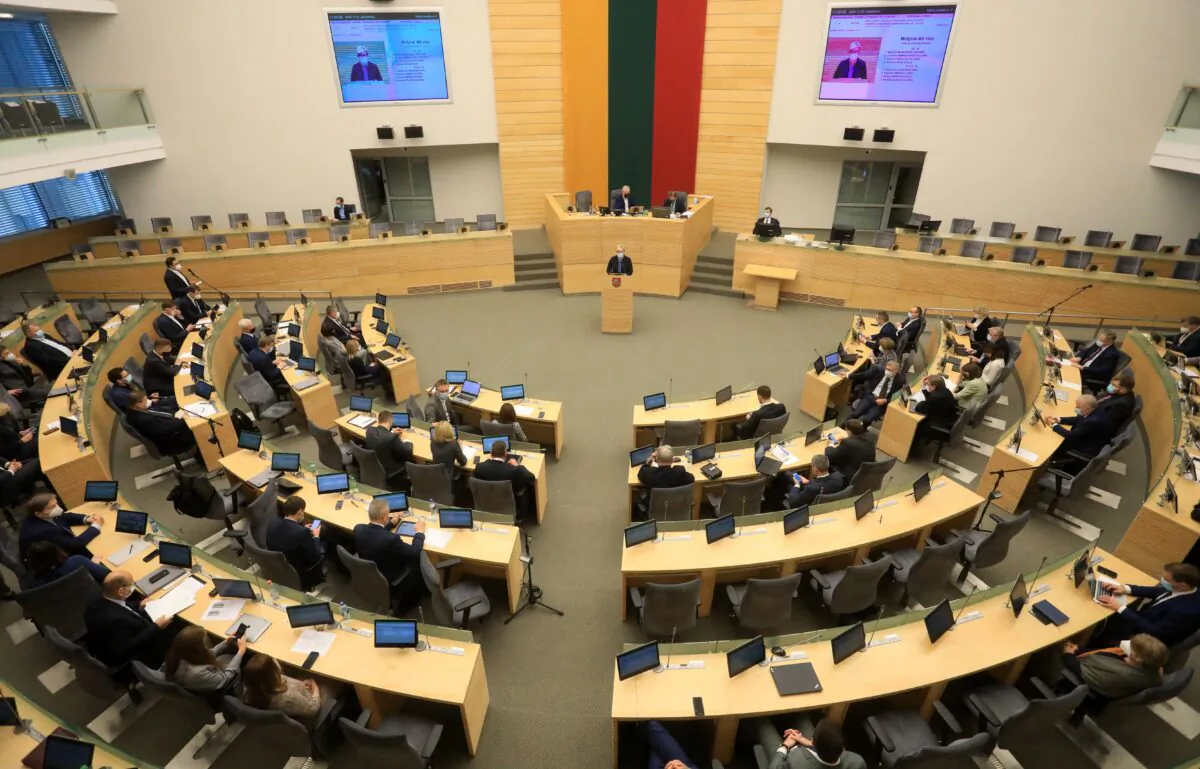 Lithuania's Homeland Union and Lithuanian Christian Democrats Party leader Ingrida Simonyte delivers her speech at the parliament in Vilnius, Lithuania, on Nov. 24, 2020. (Petras Malukas/AFP via Getty Images)