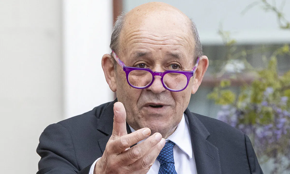 French Minister for Foreign Affairs Jean-Yves Le Drian speaks during a joint press conference with Irish Minister for Foreign Affairs Simon Coveney, at Farmleigh House and Estate in Dublin on May 20, 2021. (Paul Faith/AFP via Getty Images)