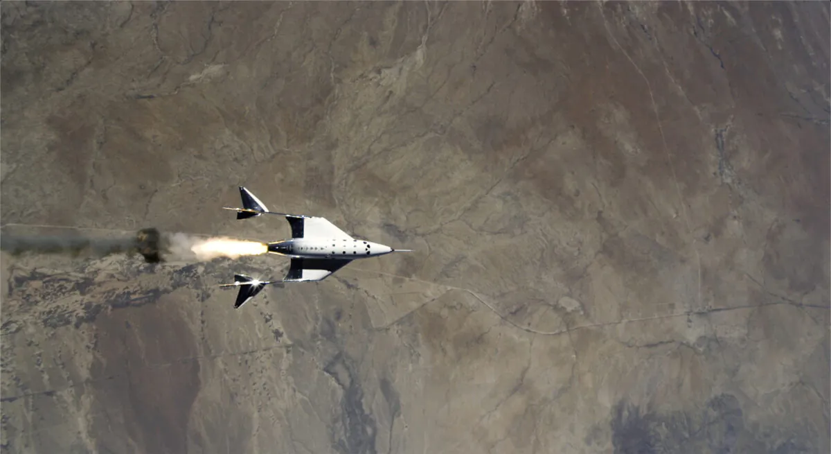 The release of VSS Unity from VMS Eve and ignition of rocket motor over Spaceport America, N.M., on May 22, 2021. (Virgin Galactic via AP)