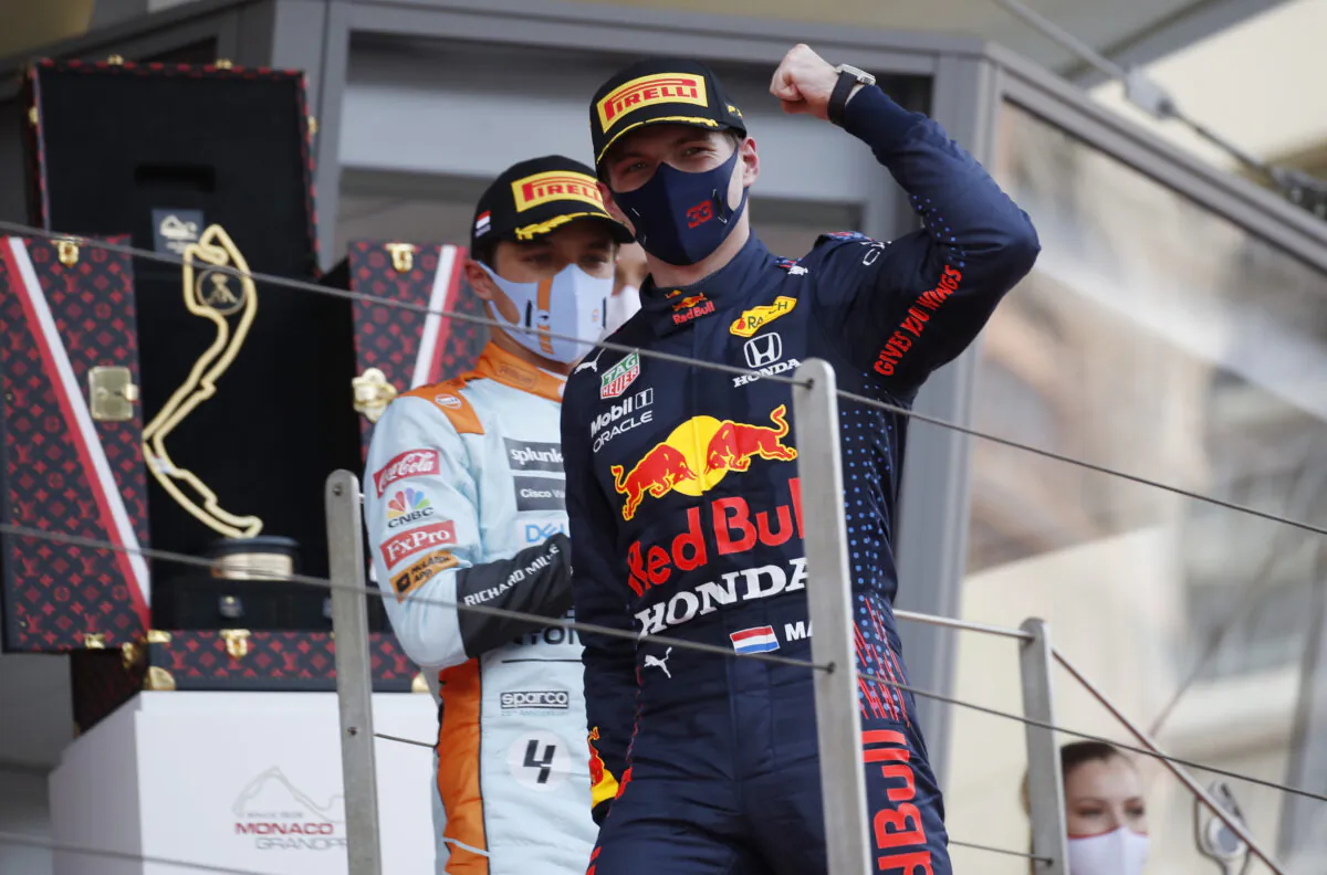 Red Bull driver Max Verstappen of the Netherlands celebrates after winning the Monaco Grand Prix at the Monaco racetrack, in Monaco, on May 23, 2021. (Sebastien Nogier/Pool via AP)