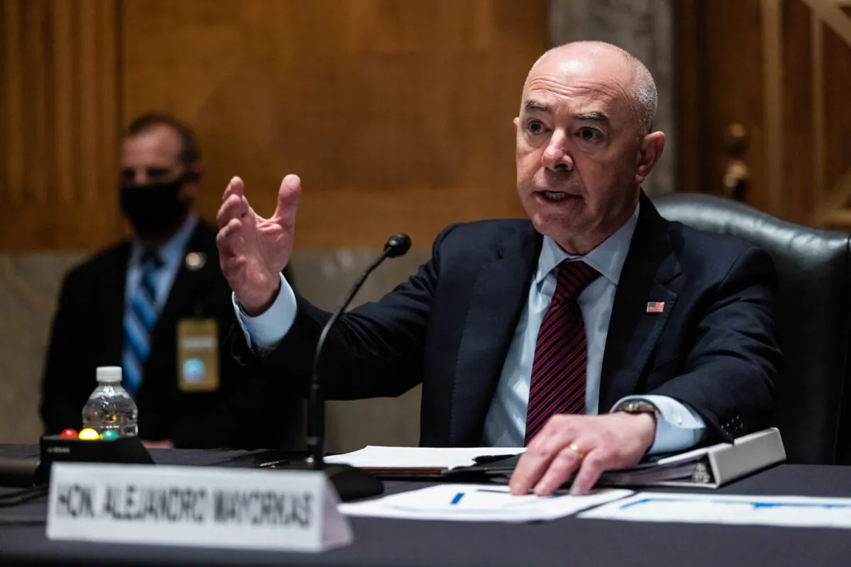 Alejandro Mayorkas, Secretary of Homeland Security, testifies during a Senate Homeland Security and Government Affairs Committee hearing on Capitol Hill in Washington, on May 13, 2021. (Graeme Jennings/Pool/Getty Images)