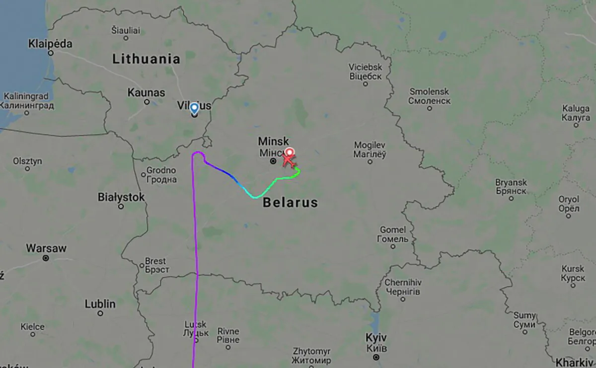 A graphic shows the flightpath of Ryanair flight 4978, flying from Athens to Vilnius and carrying Belarusian opposition activist and blogger Roman Protasevich, diverting and landing in Minsk, Belarus, on May 23, 2021. (flightradar24.com/Handout via Reuters)