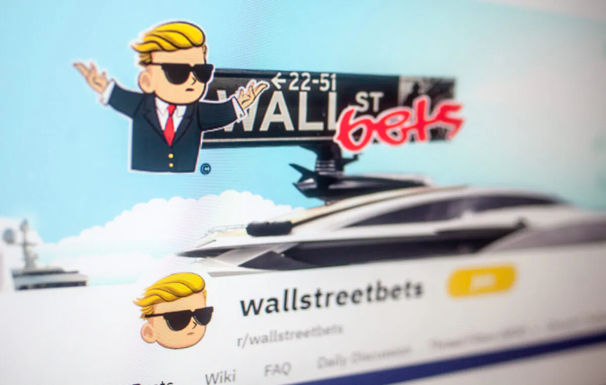 Front page of the Wallstreetbets online forum on a desktop computer in New York on May 24, 2021. (Petr Svab/The Epoch Times)